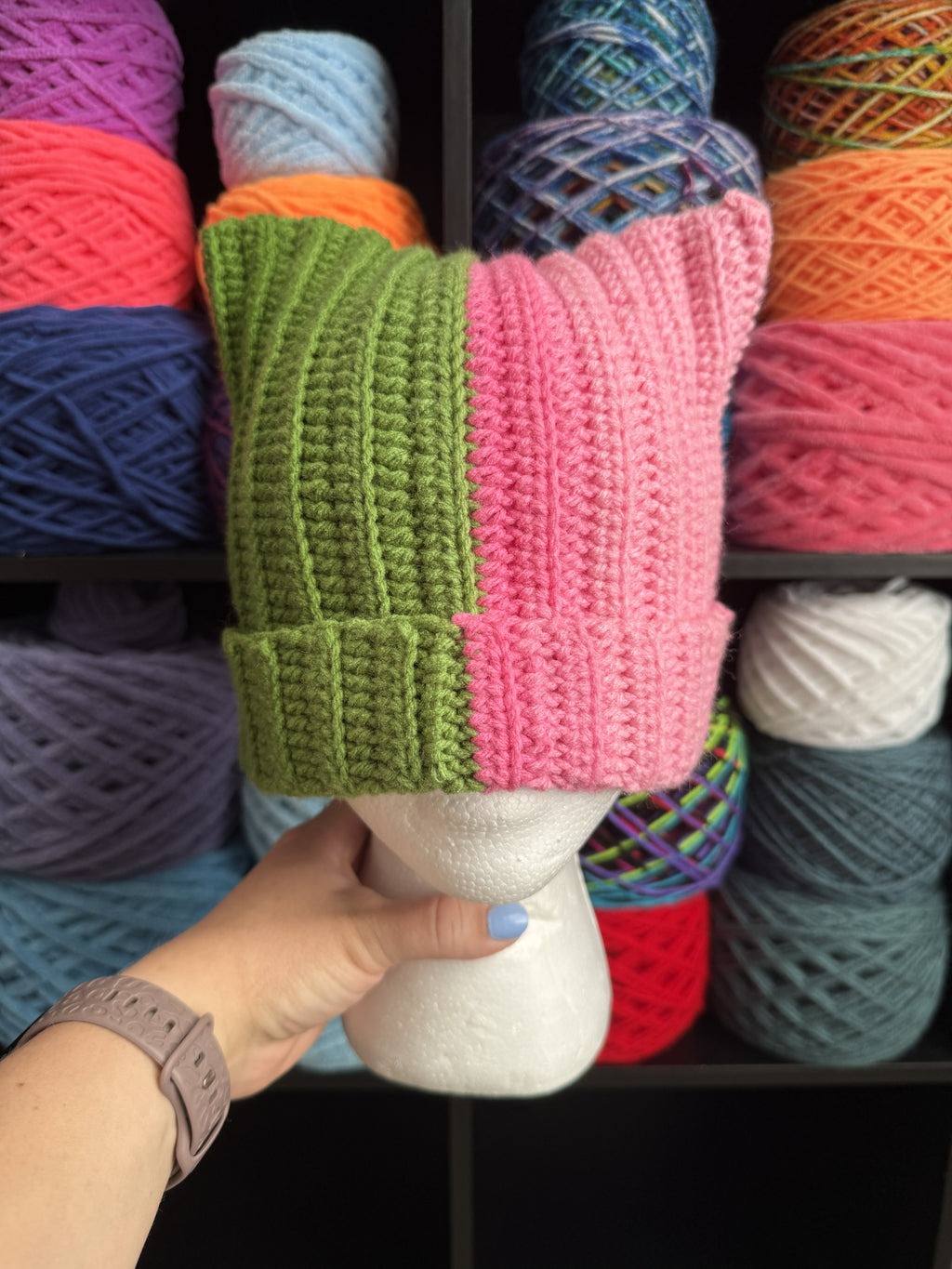 Pink and Green Cat Ear Beanie