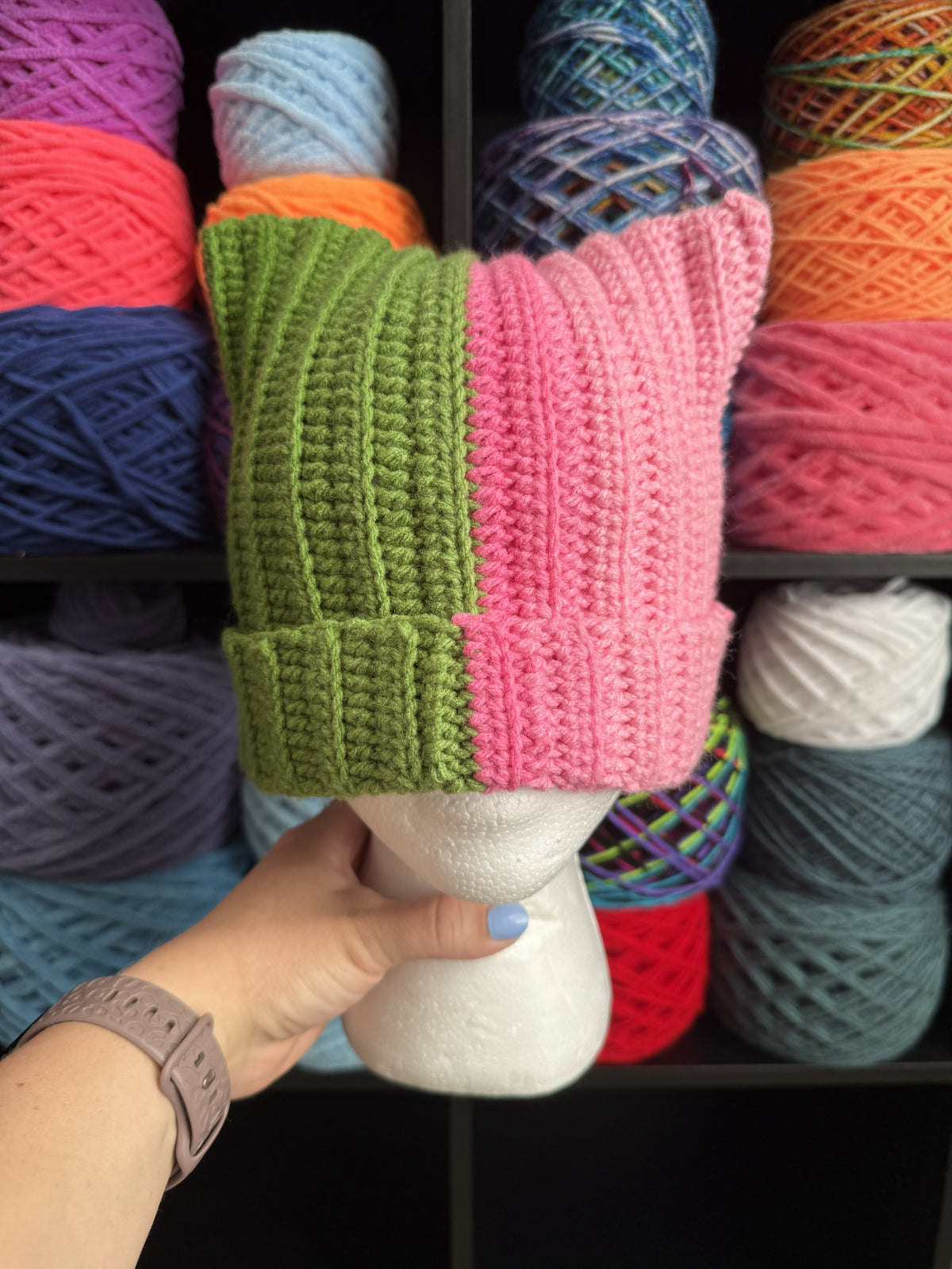 Pink and Green Cat Ear Beanie