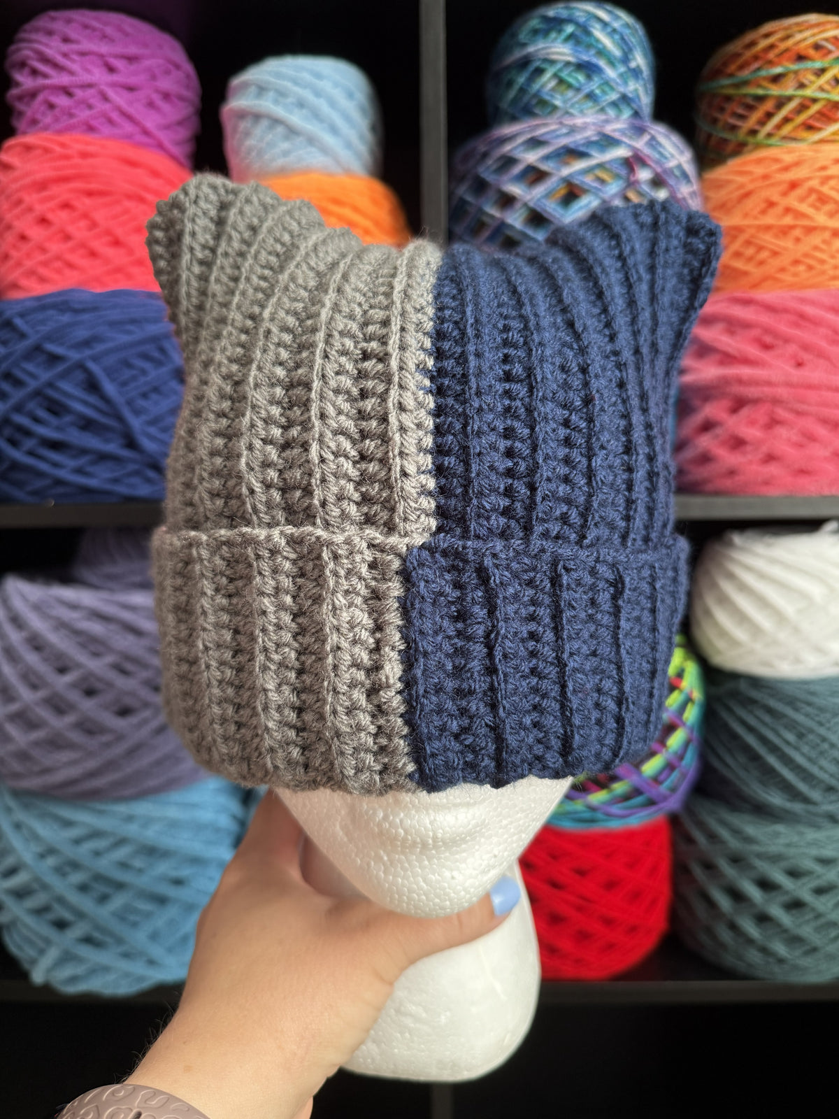 Blue and Grey Cat Ear Beanie