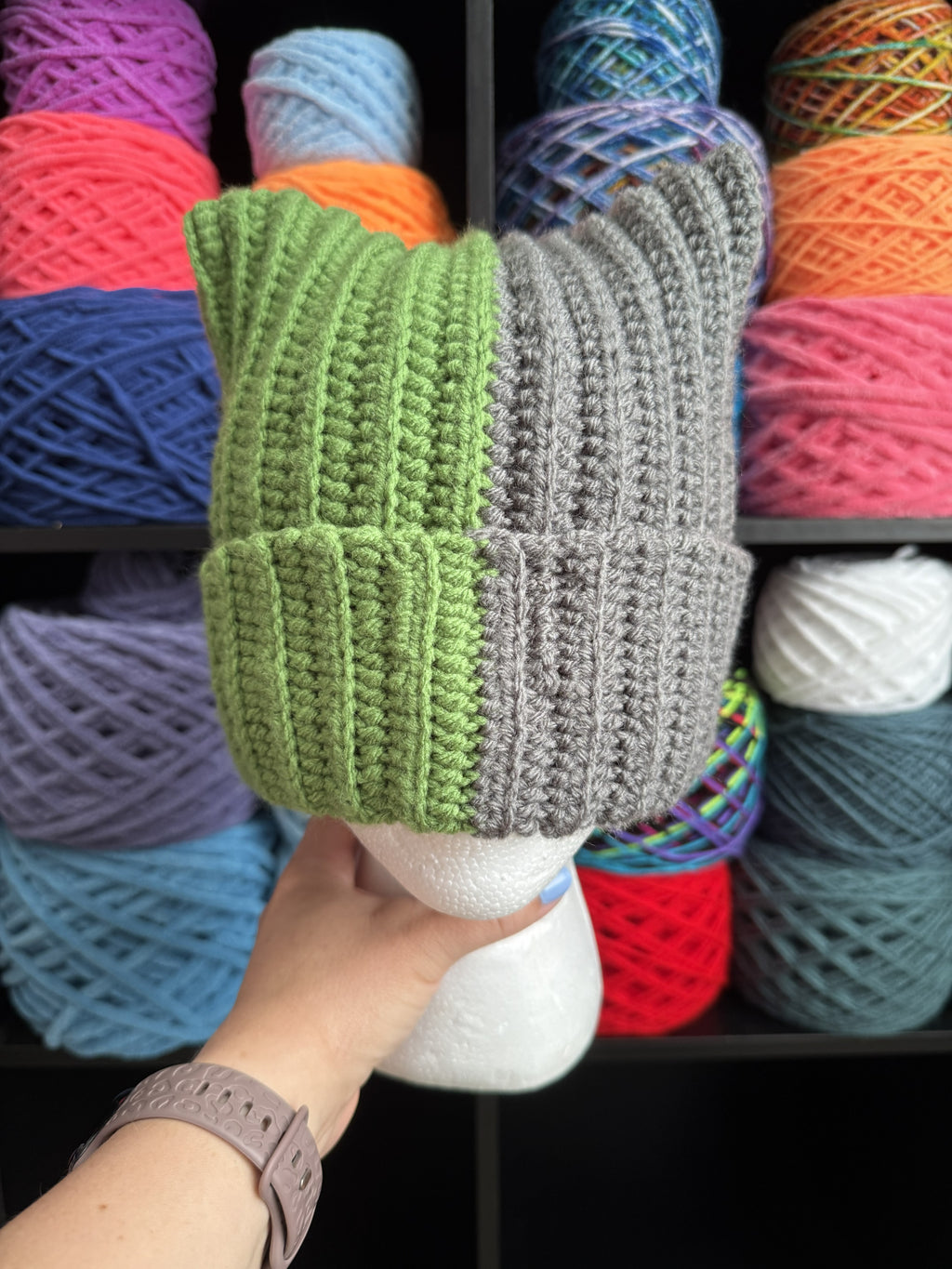 Green and Grey Cat Ear Beanie