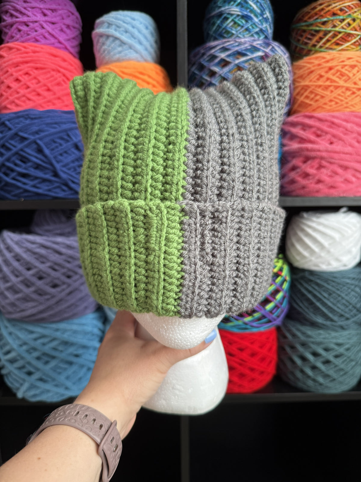 Green and Grey Cat Ear Beanie